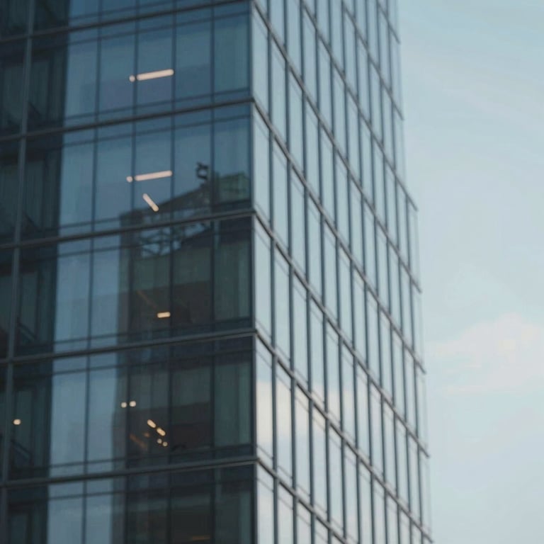 Architectural detail of a modern glass office building under a clear sky, symbolizing efficiency.