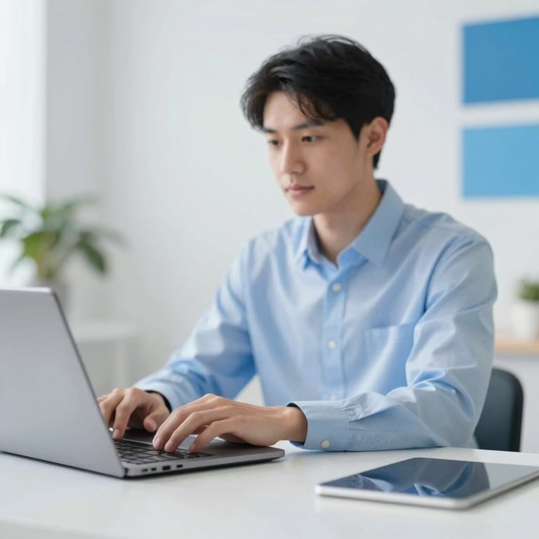 A focused professional working on a laptop in a clean, modern workspace with #A0AEC0 accents.