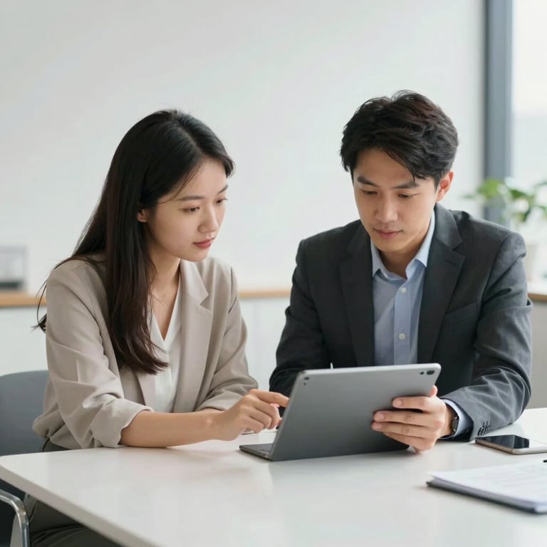 Two coworkers discussing a project over a tablet in a bright, minimalist meeting room.