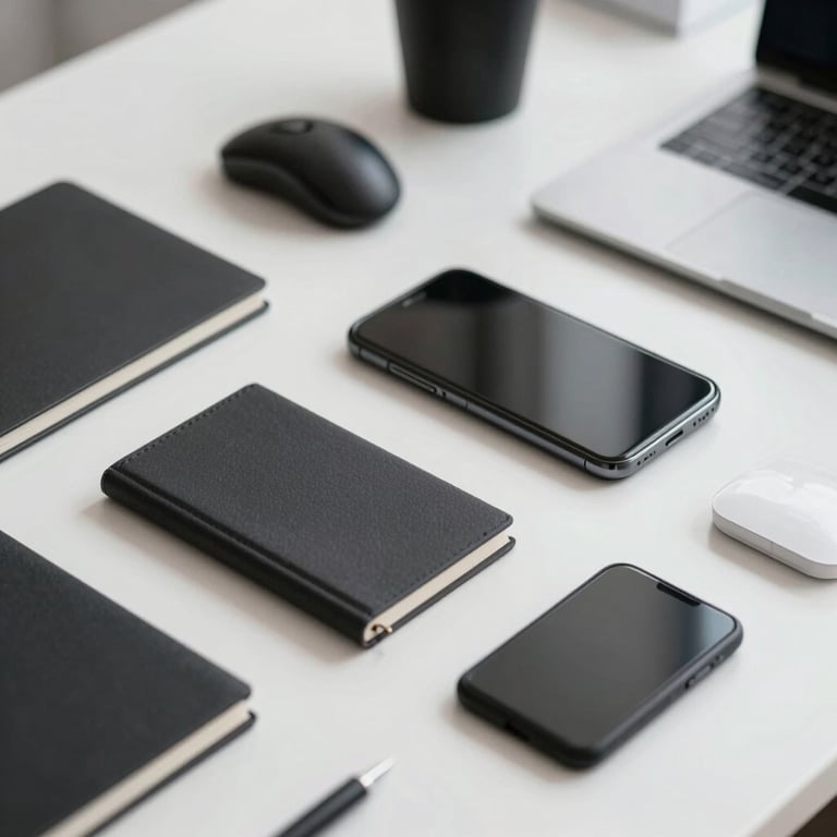 A close-up of organized office stationery and high-end technology on a white desk.