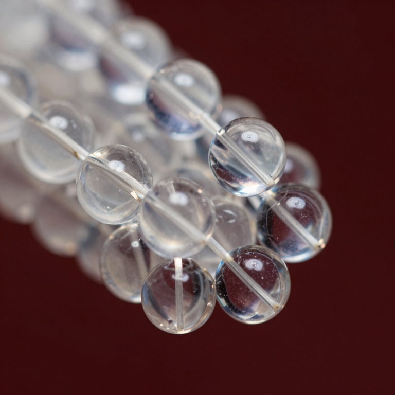Macro photography of transparent silica gel beads, sharp focus with reflections, sophisticated industrial feel with a deep ripe crimson background hint.