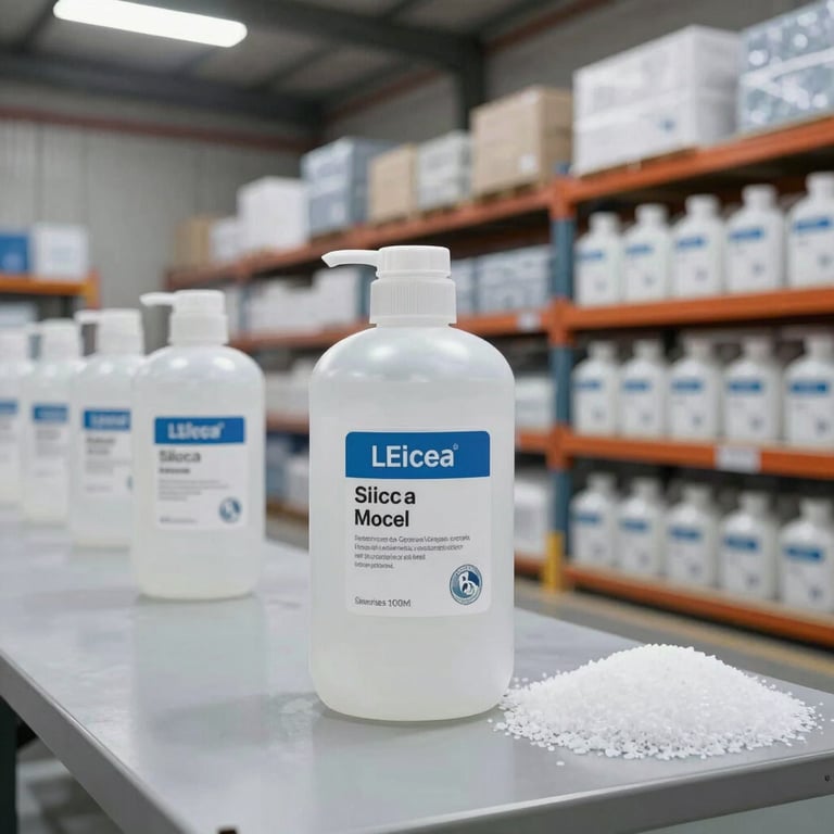 A clean, well-organized European warehouse showing specialized silica gel solutions protecting sensitive goods, high-key lighting.