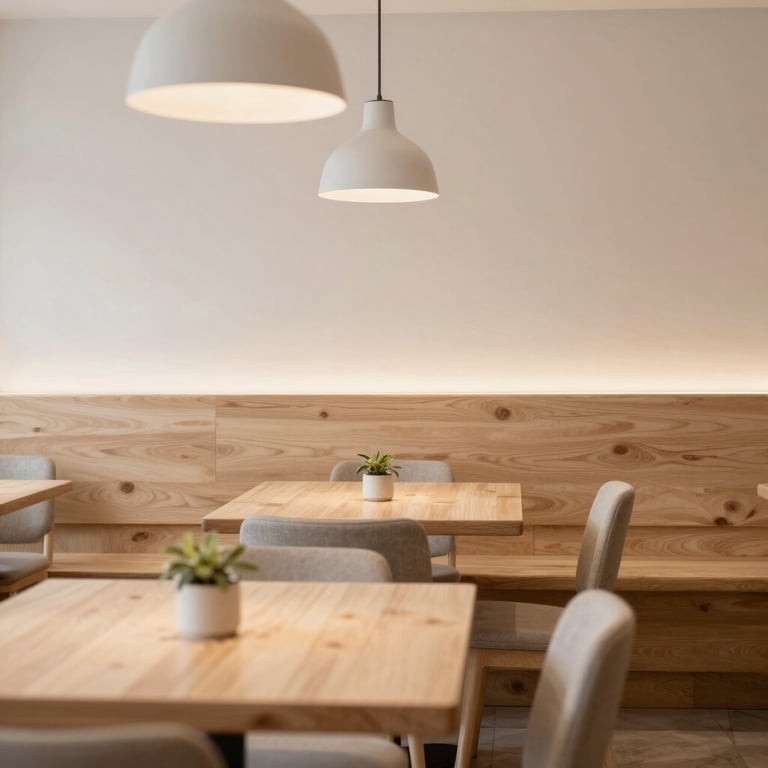 A peaceful shot of a Scandinavian restaurant interior with soft lighting and light wooden textures, representing a dry and clean atmosphere.