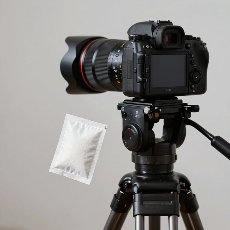 Behind the scenes photography: a professional camera on a tripod capturing high-end product shots of silica gel packets in a minimalist studio.