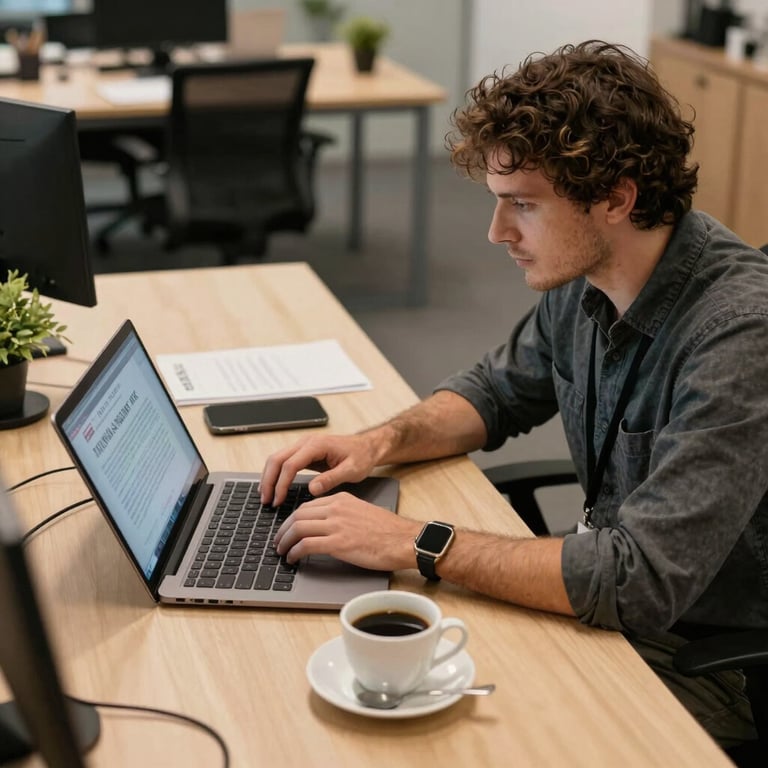A modern agency workspace in Portugal with a professional managing content on a laptop, coffee cup on a parchment-colored desk.