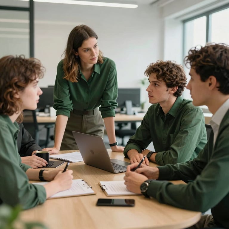 A team of European professionals in a bright agency office discussing social media strategy, featuring matte forest green and sand color accents on the table.