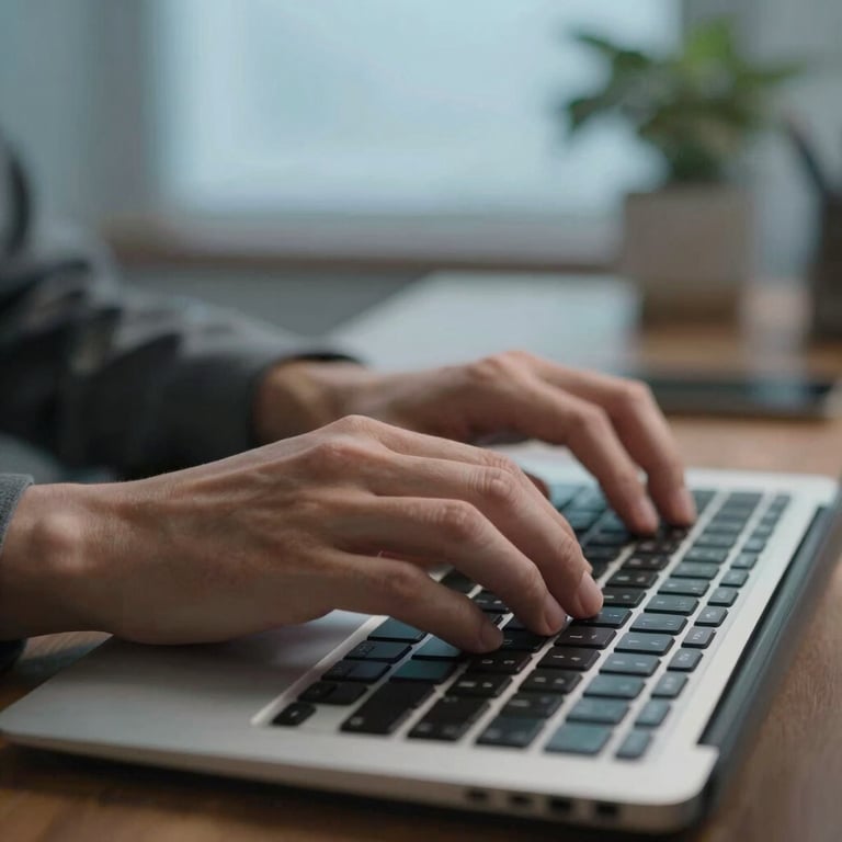 Close-up of hands typing on a modern keyboard in a North American / US home office, with soft-focus Sky Blue lighting in the background.