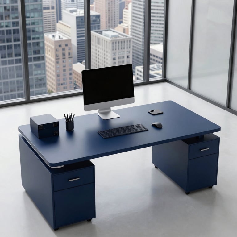 High-angle shot of a clean, minimalist workspace in a North American / US skyscraper office, overlooking a city. Palette includes Deep Navy Blue desk accessories.