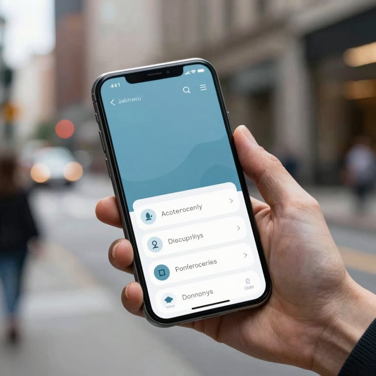 A sleek smartphone showing a mobile-responsive interface with Muted Ocean Blue accents, held by a professional in a North American / US urban environment.