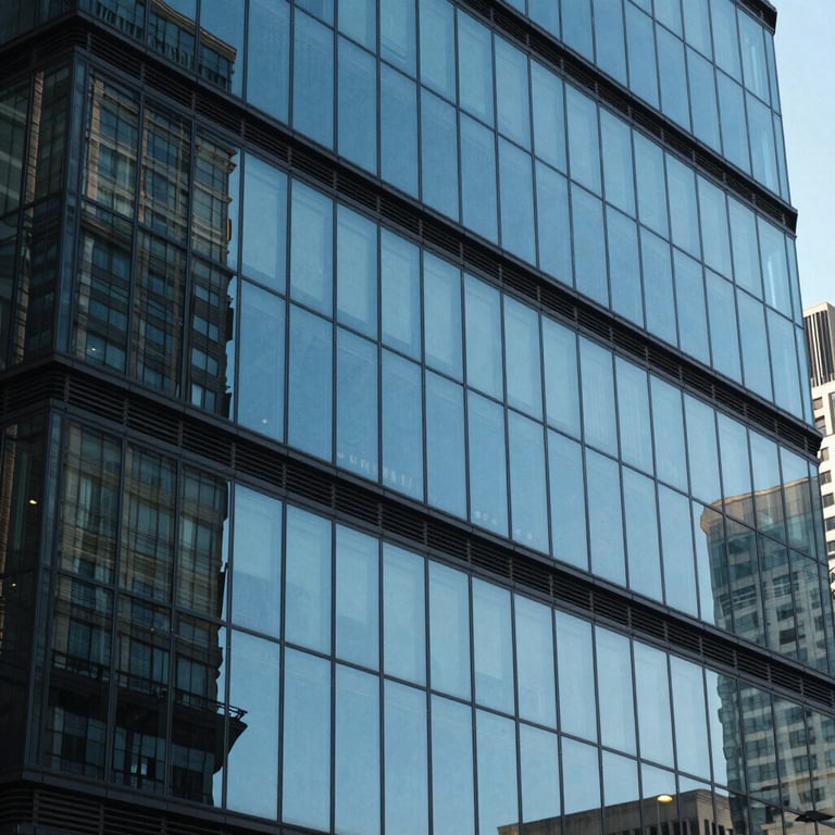 Detail shot of a modern glass office building in a North American / US city reflecting a clear Sky Blue sky and Muted Ocean Blue architecture.