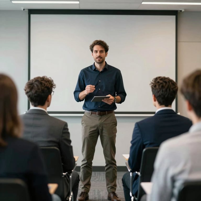 A digital strategist presenting to a small group in a modern North American / US conference room, exuding a professional and innovative atmosphere.