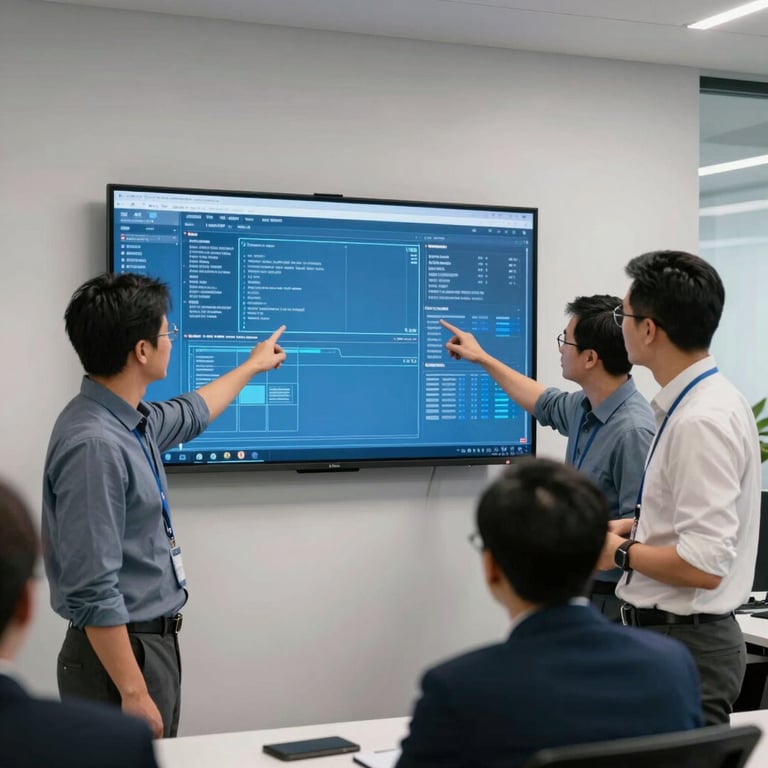 A group of professionals collaborating in a brightly lit North American / US tech office, pointing at a large wall-mounted screen showing Sky Blue wireframes.