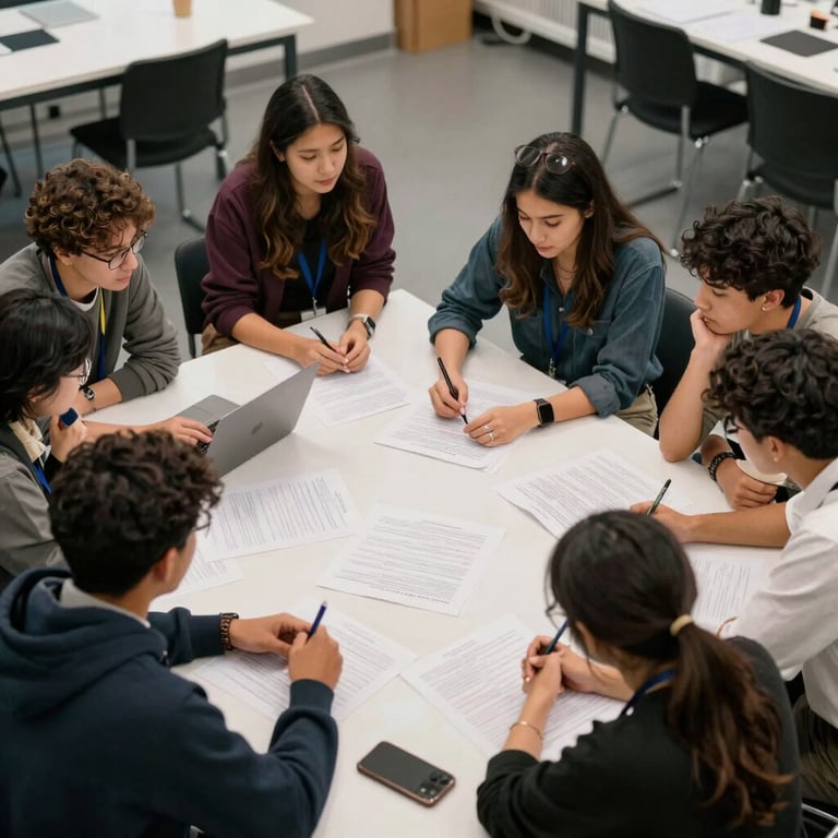 An overhead view of a collaborative student workshop focused on innovation and leadership, with a clean and professional aesthetic.