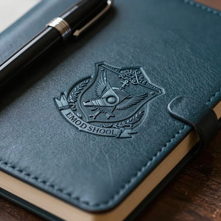 Detailed close-up of a school crest engraved on a dark charcoal teal leather-bound notebook beside a fountain pen.