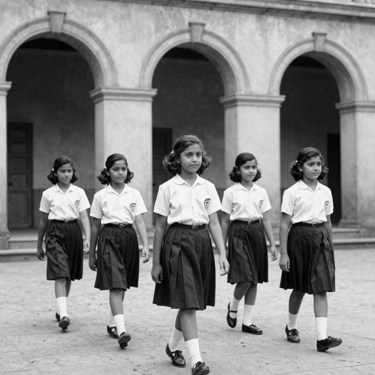 A black and white archival photograph of young South Asian girls in school uniforms from the 1960s, walking through a courtyard with classical arches.