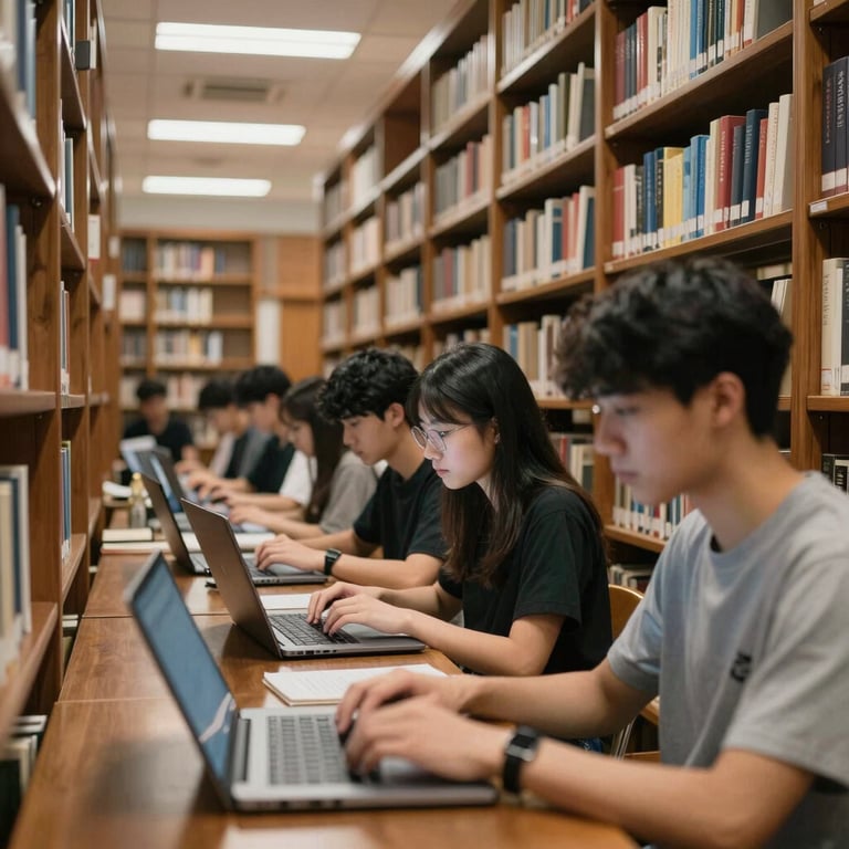 Students using laptops in a library with tall mahogany shelves and soft, focused lighting, blending tradition with technology.