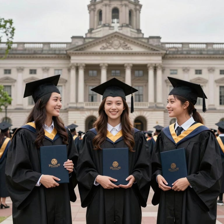 A celebratory graduation scene with students in gowns holding diplomas against a background of historic colonial-style architecture.
