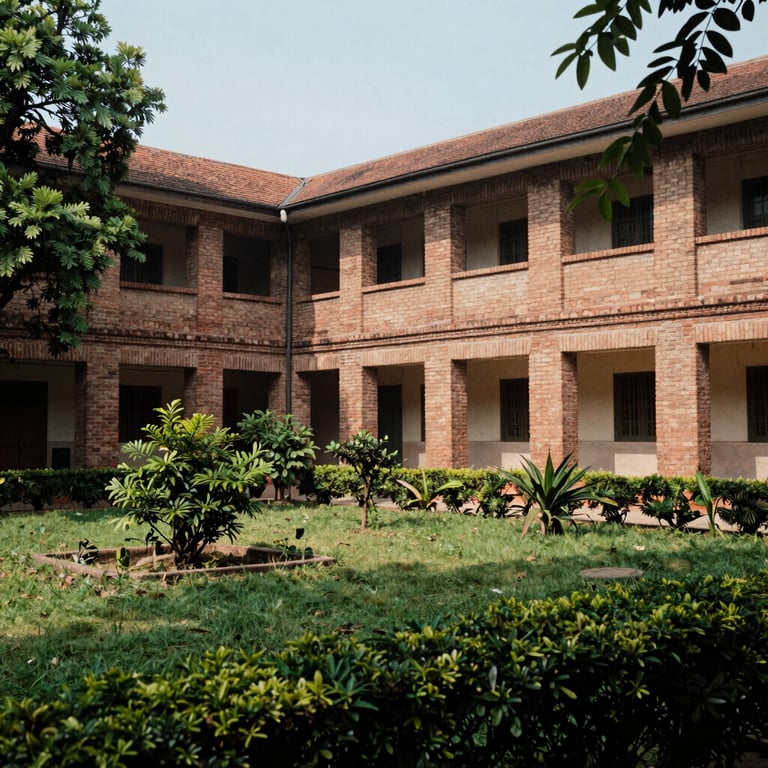 A peaceful school courtyard with lush gardens and traditional brickwork, reflecting the heritage of a historic Lahore institution.