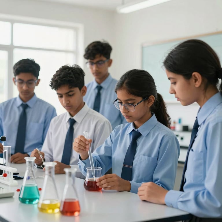 A group of diverse students in smart school uniforms engaged in a science experiment in a bright, modern laboratory setting in Lahore.
