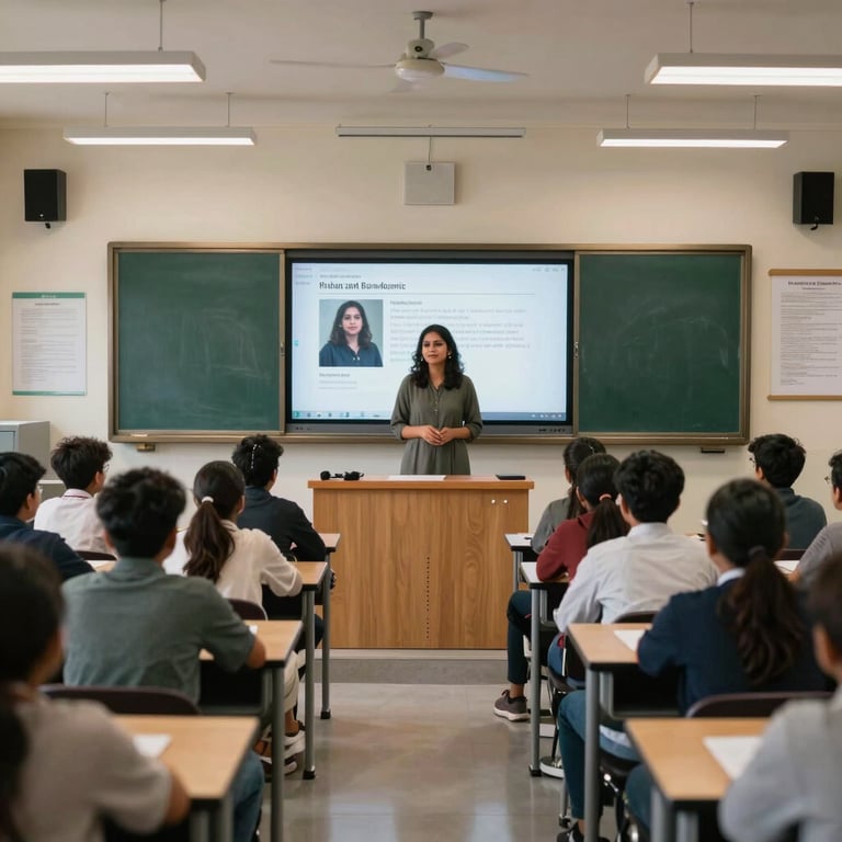 A wide shot of a modern digital classroom where a South Asian female instructor teaches via a high-tech screen to students across Pakistan.