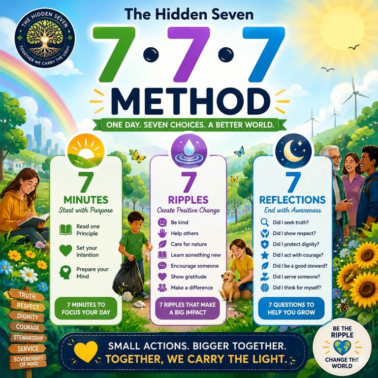 Infographic of The Hidden Seven 7-7-7 Method for mindfulness featuring 7 minutes, 7 ripples, and 7 reflections.