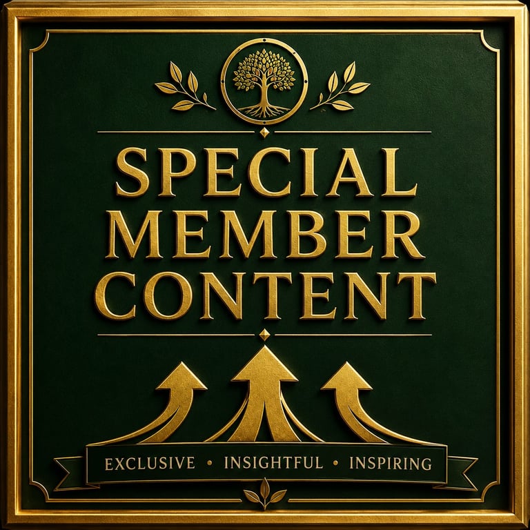 Elegant gold embossed Special Member Content sign on dark green leather with a tree logo.