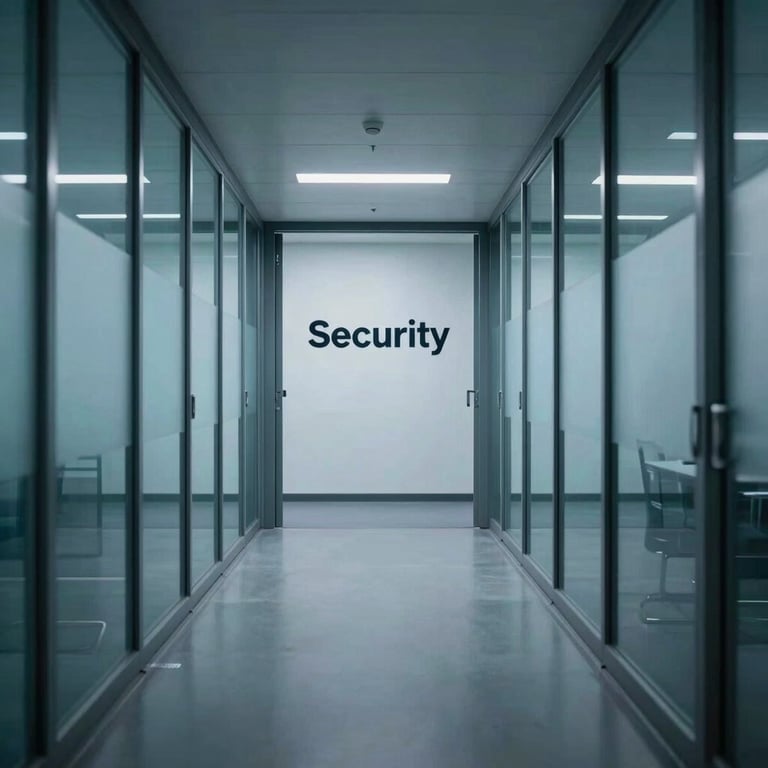 A secure, minimalist steel and glass corridor with subtle blue atmospheric lighting, representing the Security department.