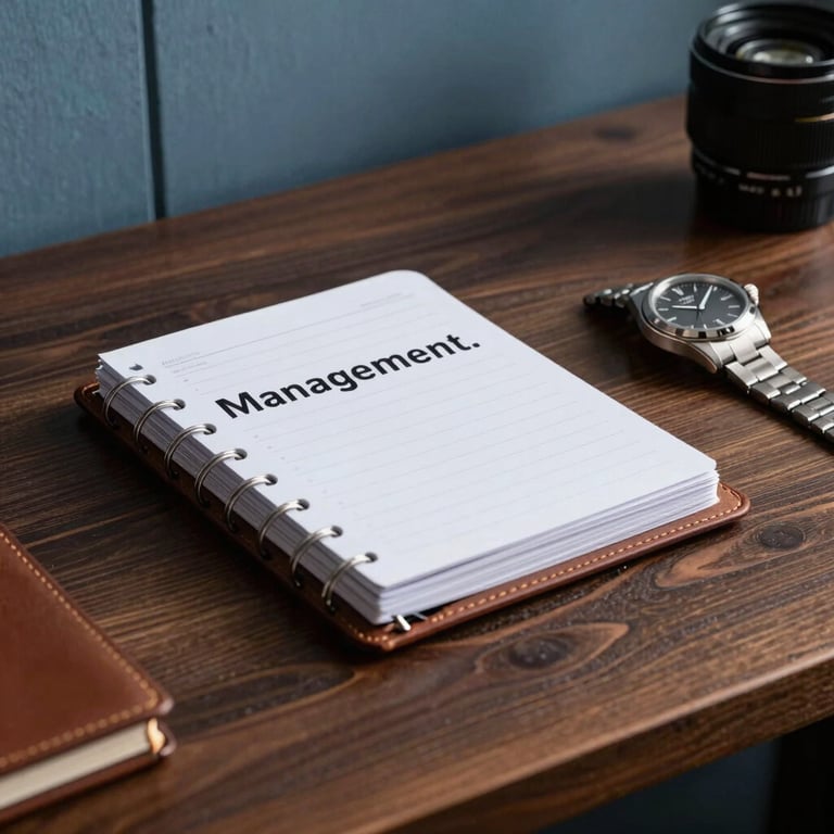 A sleek, leather-bound planner and a luxury watch on a dark wooden desk in a room with slate blue walls, representing Management.
