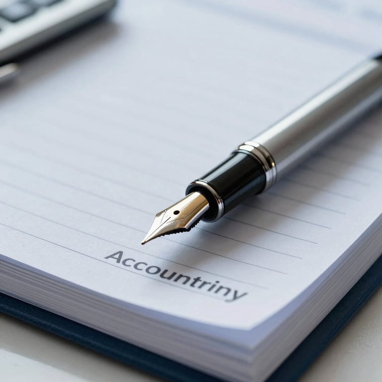 A crisp, close-up shot of a high-end fountain pen resting on a stack of ledger papers in a bright, soft blue-lit office, representing Accounting.