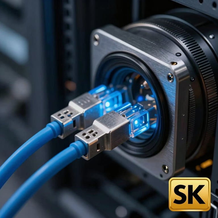 A macro photograph of glowing blue fiber optic cables and brushed steel hardware in a dark room, representing the IT department.