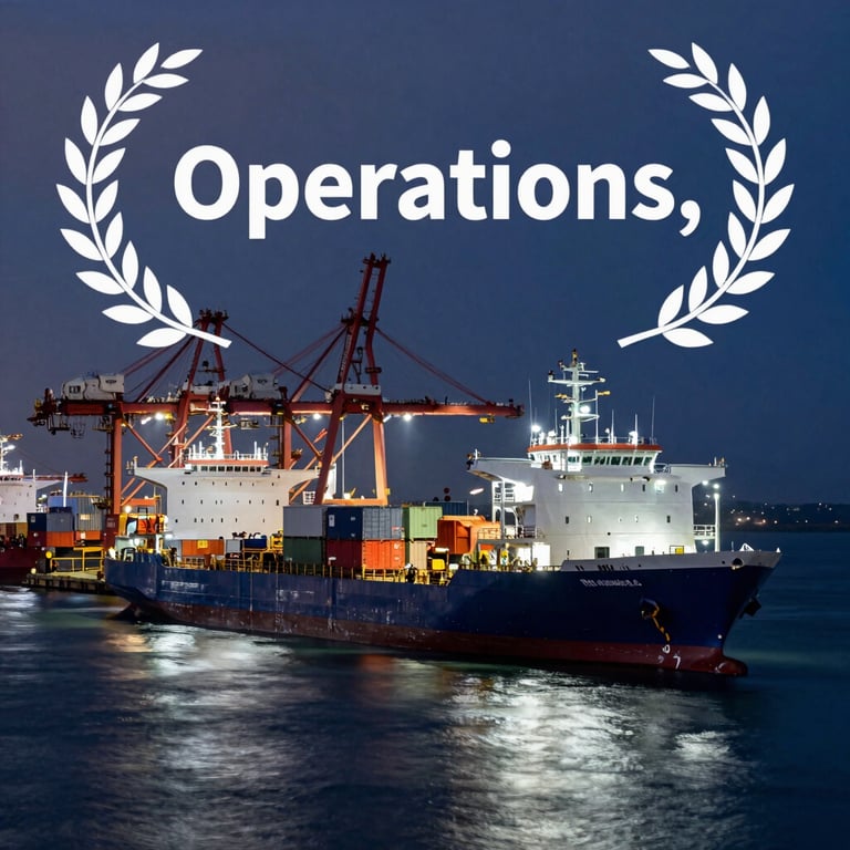 A long-exposure shot of a busy commercial shipping port at night, with deep navy waters and soft frost white ship lights, representing Operations.