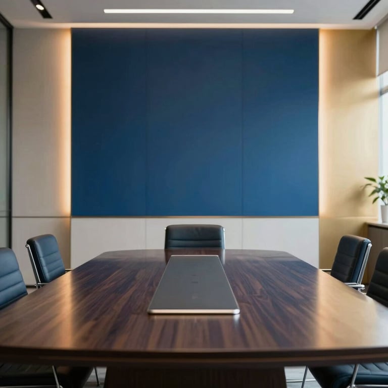 A minimalist boardroom interior with sophisticated steel blue and gold accents, reflecting premium financial services.