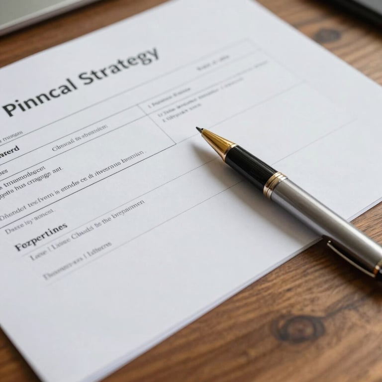 A detailed shot of a financial strategy document and a high-end pen on a wooden desk, symbolizing precision.