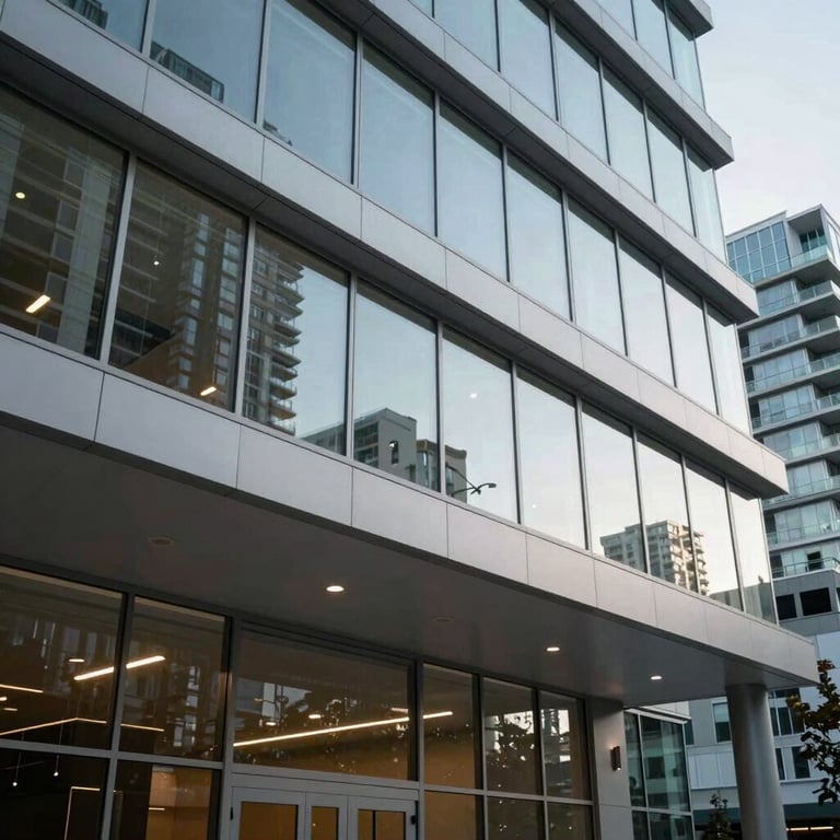 A modern office exterior in Vancouver, Washington, featuring clean architectural lines and professional lighting.