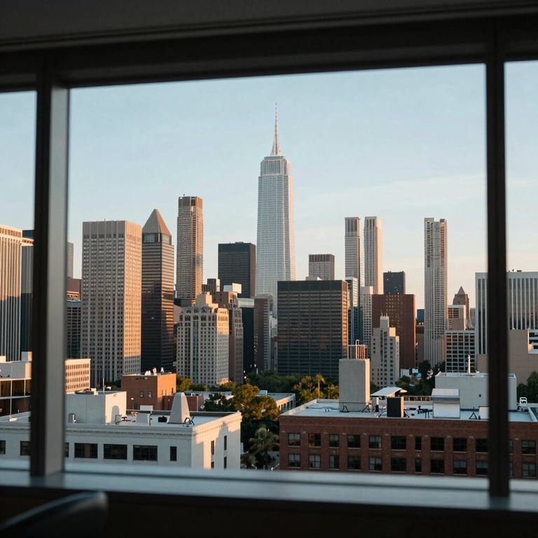 A serene view of a North American city skyline through a large office window, suggesting growth and opportunity.