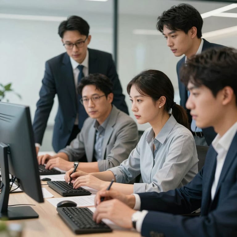 A group of focused financial professionals in a collaborative workspace, conveying innovation and teamwork.
