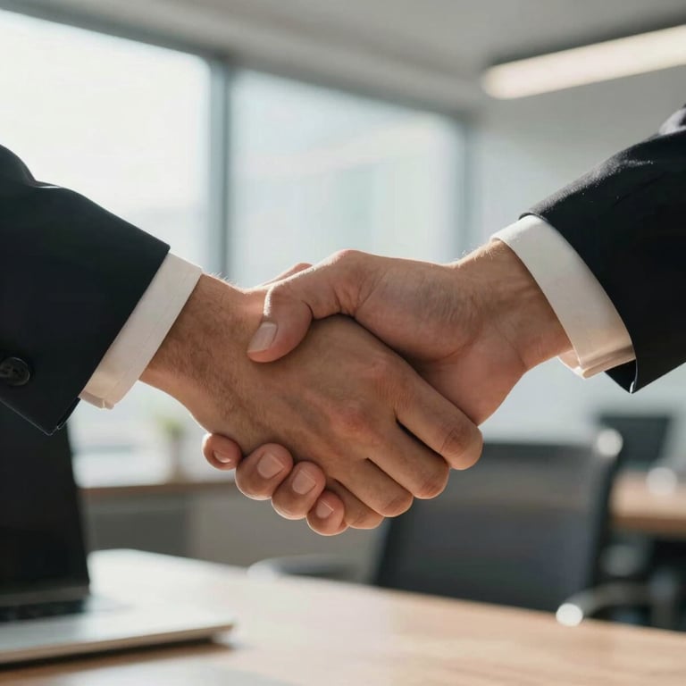 A close-up of a professional handshake in a sunlit North American office, representing trust and transparency.