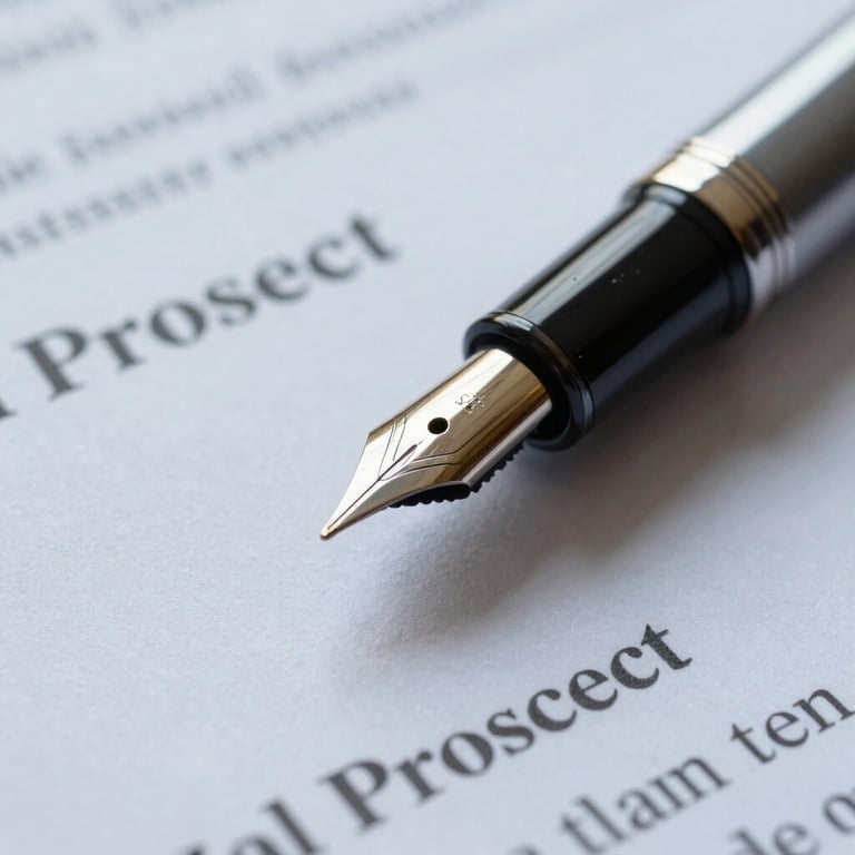 Macro detail of a high-end fountain pen resting on a financial prospectus document, sharp focus, cool morning light.