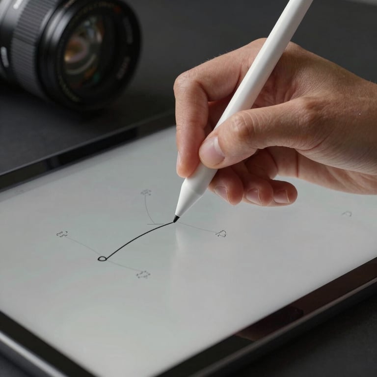Macro shot of a designer's hand using a stylus on a professional tablet, creative process in a dark studio.