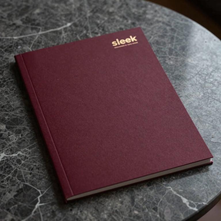 Sleek corporate stationery set in deep burgundy and charcoal grey colors on a marble table.