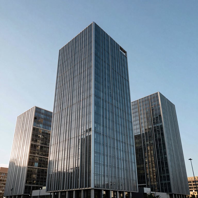 Contemporary architecture of a business district in Spain, clean geometric lines against a clear sky.