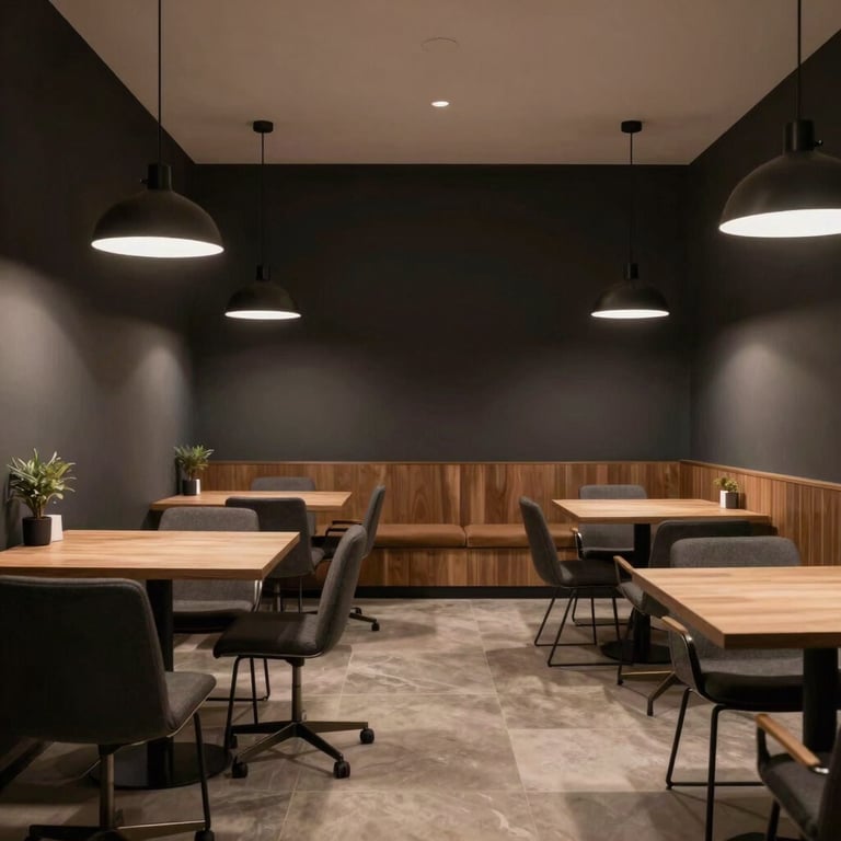 A modern, quiet business lounge in Zaragoza with dark walls and sophisticated lighting.
