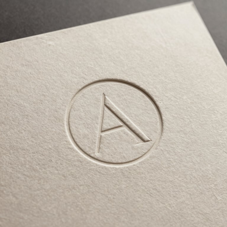 Detail of a minimalist logo embossed on thick cream-colored paper, elegant lighting, professional photography.