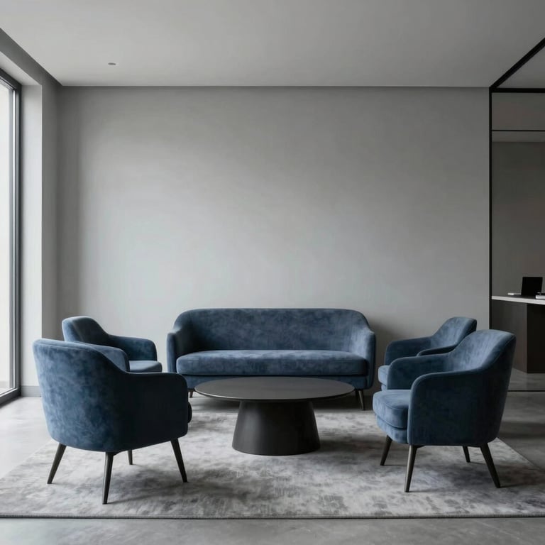 Minimalist interior of a consulting office with blue-grey accents and high-end modern furniture.