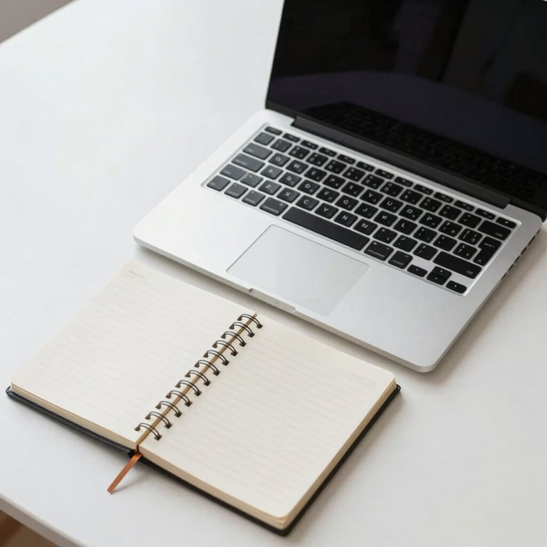 Overhead shot of a clean workspace with a laptop and a notebook in a modern office, bright and professional.