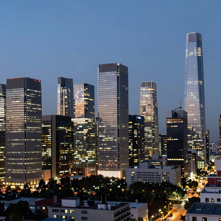 A modern urban skyline at dusk with lights from office buildings, representing global scale and connectivity.