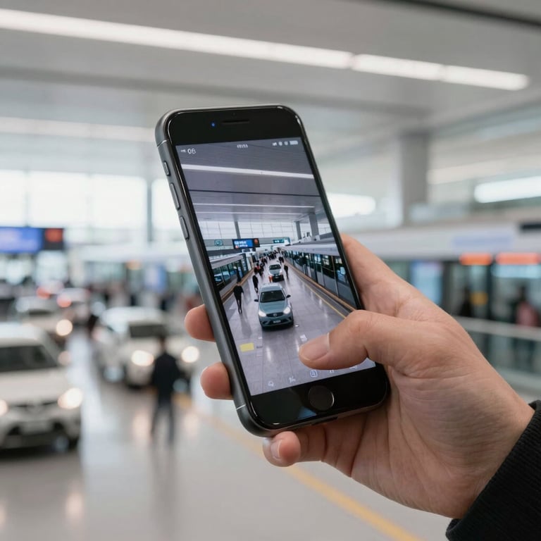 A person using a smartphone in a brightly lit, modern international transit hub, representing mobile traffic flows.