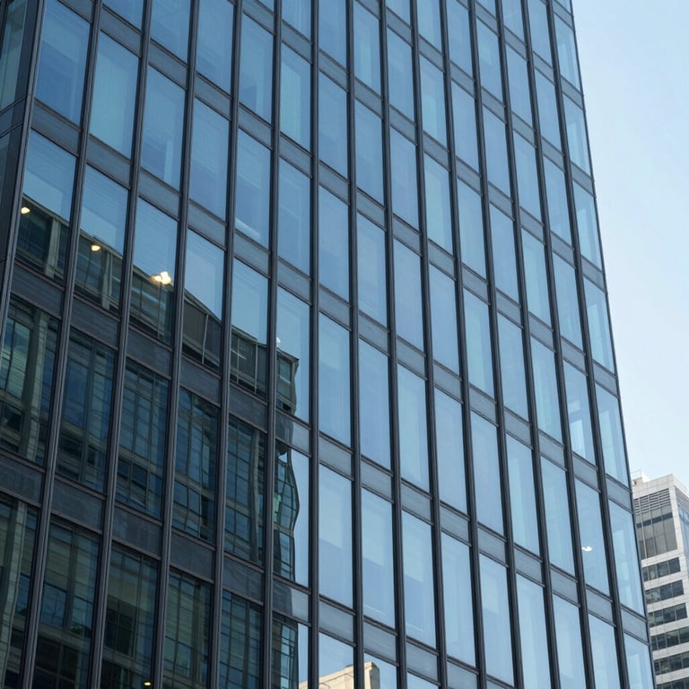 Macro shot of a glass building reflecting a blue sky in an international financial district, crisp and clean.