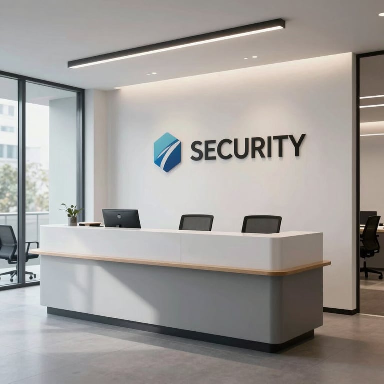 A sleek, minimalist reception area of a tech company in North America with a focus on security and transparency.