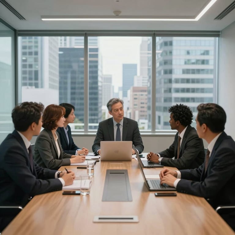 A group of diverse professionals in a high-tech boardroom in a modern North American skyscraper, professional lighting.